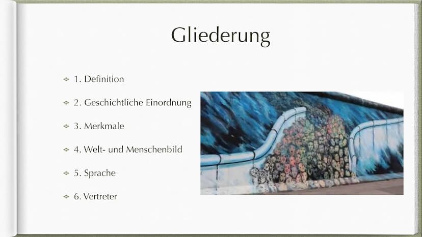 Postmoderne
ab 1989 * 1. Definition
→ 2. Geschichtliche Einordnung
→ 3. Merkmale
Gliederung
→ 4. Welt- und Menschenbild
→ 5. Sprache
→ 6. Ve