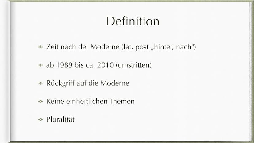 Postmoderne
ab 1989 * 1. Definition
→ 2. Geschichtliche Einordnung
→ 3. Merkmale
Gliederung
→ 4. Welt- und Menschenbild
→ 5. Sprache
→ 6. Ve