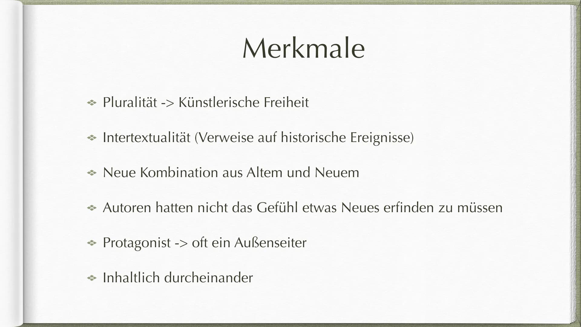 Postmoderne
ab 1989 * 1. Definition
→ 2. Geschichtliche Einordnung
→ 3. Merkmale
Gliederung
→ 4. Welt- und Menschenbild
→ 5. Sprache
→ 6. Ve