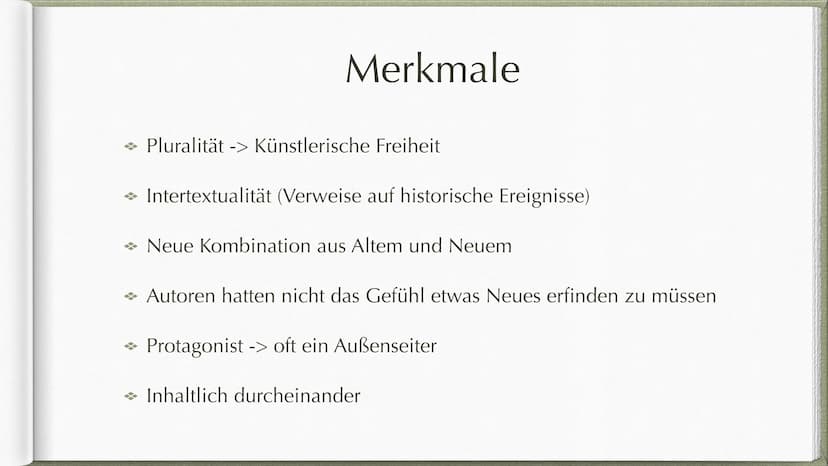 Postmoderne
ab 1989 * 1. Definition
→ 2. Geschichtliche Einordnung
→ 3. Merkmale
Gliederung
→ 4. Welt- und Menschenbild
→ 5. Sprache
→ 6. Ve