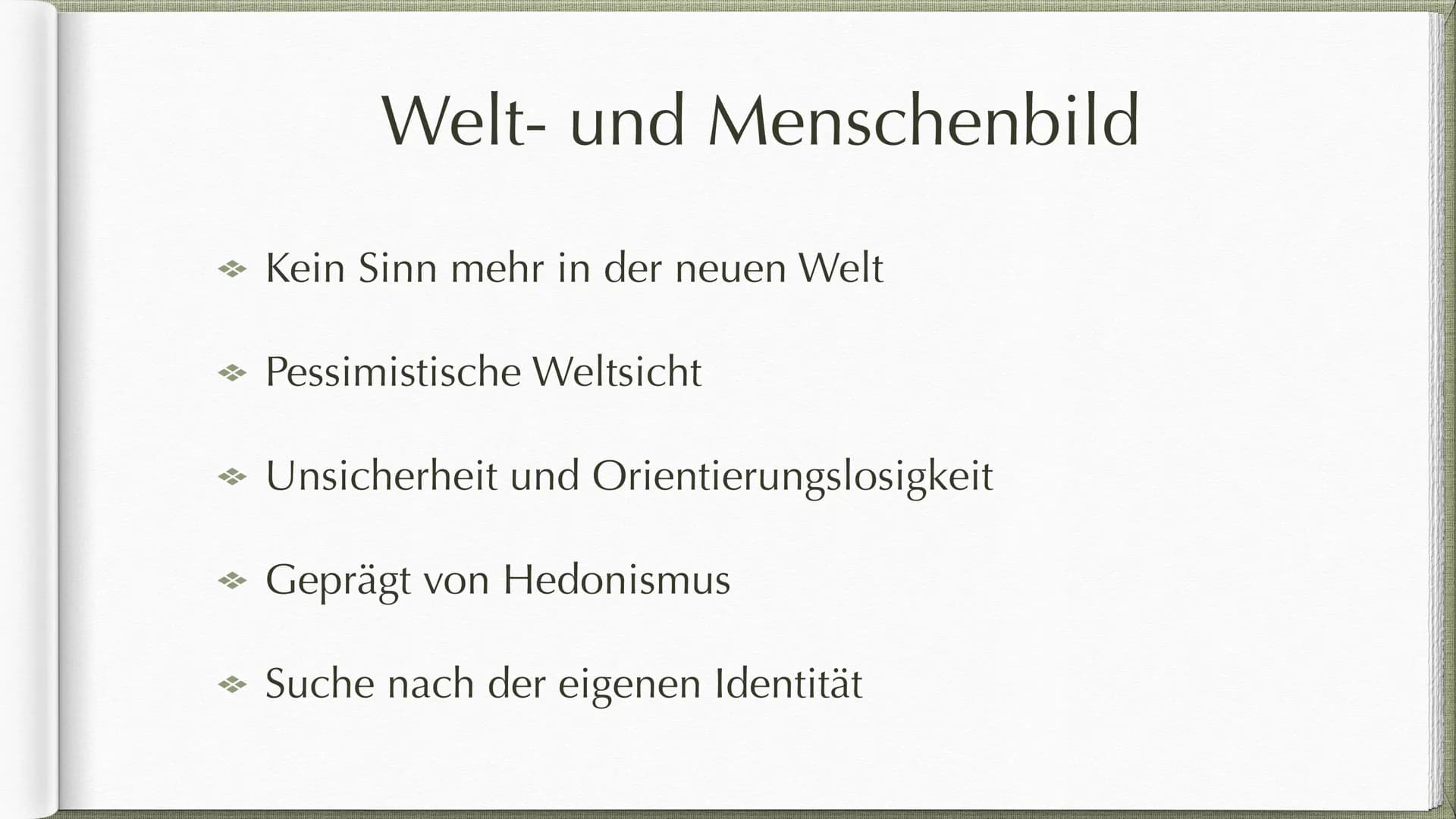 Postmoderne
ab 1989 * 1. Definition
→ 2. Geschichtliche Einordnung
→ 3. Merkmale
Gliederung
→ 4. Welt- und Menschenbild
→ 5. Sprache
→ 6. Ve