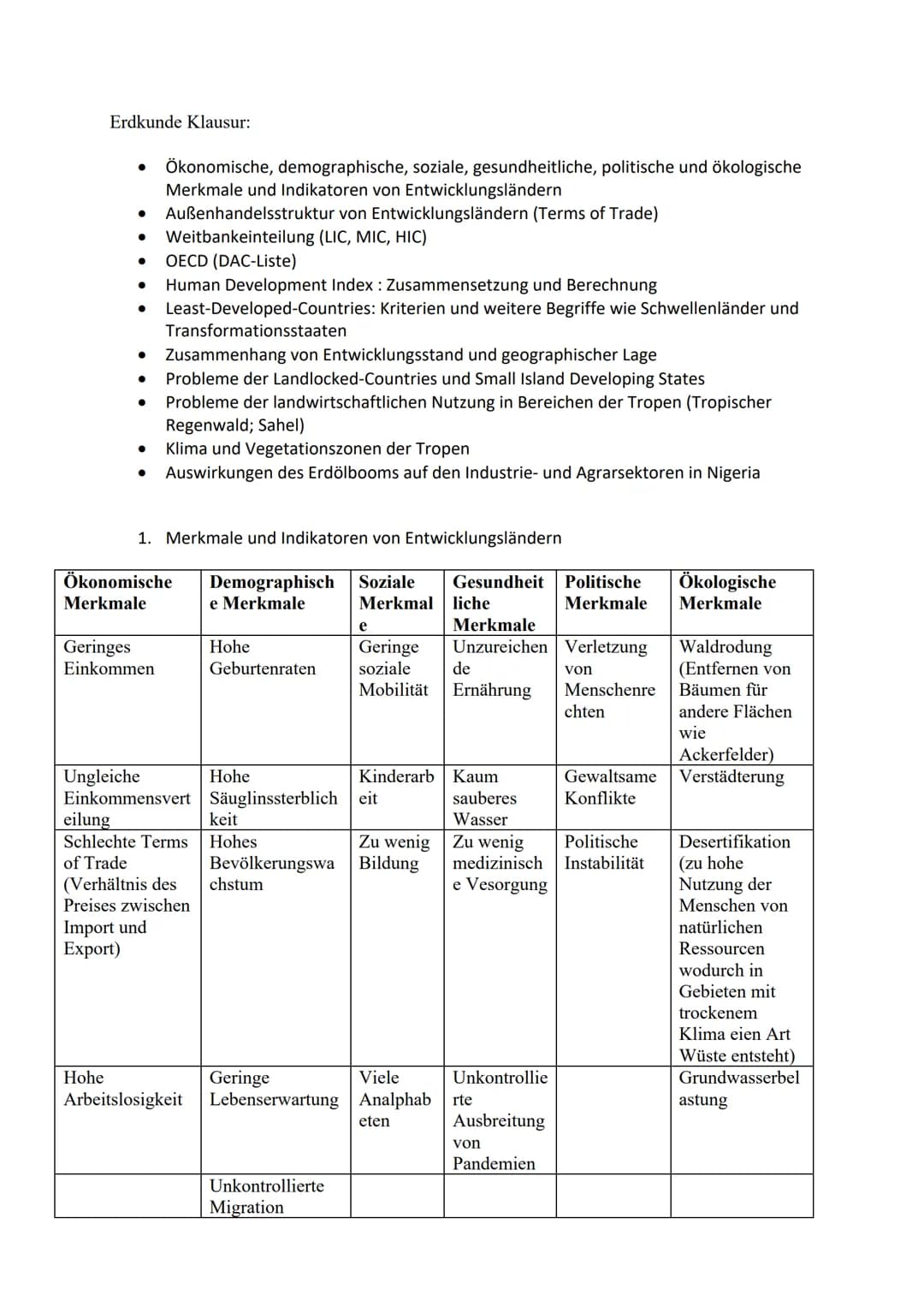 Erdkunde Klausur:
Ökonomische, demographische, soziale, gesundheitliche, politische und ökologische
Merkmale und Indikatoren von Entwicklung