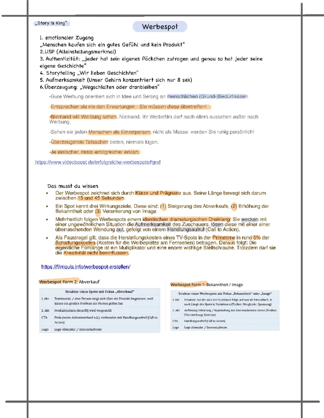 Werbespot Dreh Handout 