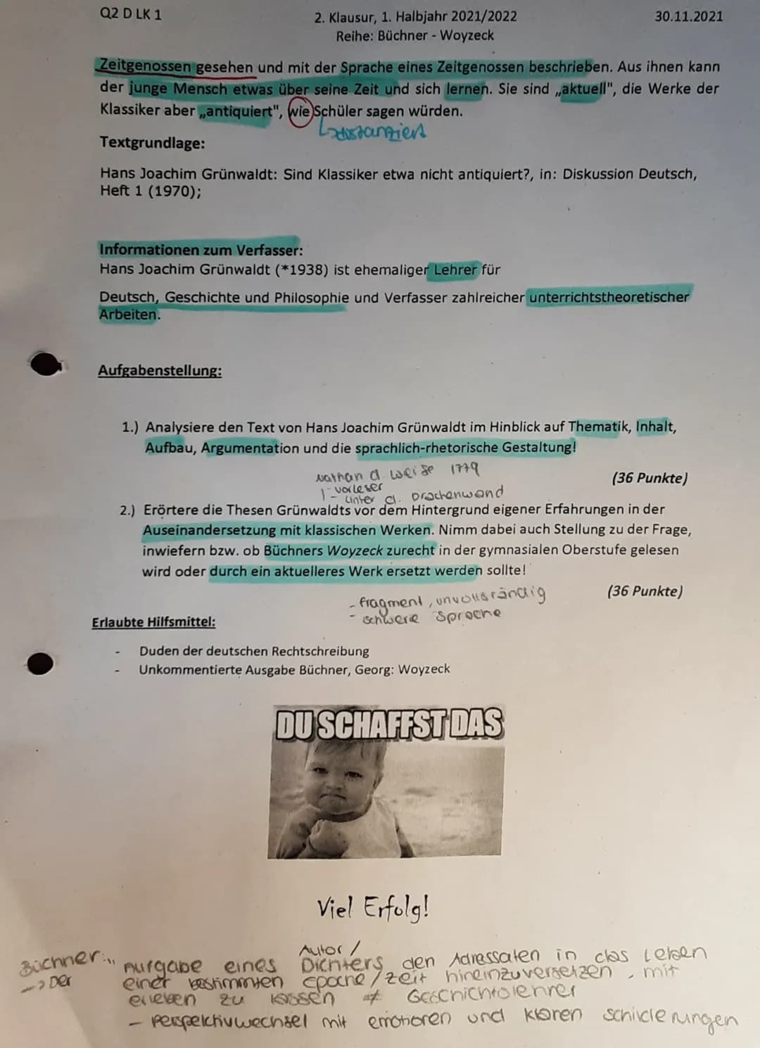 Deutsch LK Klausur nr. 2)
Der vorliegendle sachtext, Sindl Klas -
siker etwa nicht antiquiert?", verfasst
von Hans Joachim Grünwaldt und
ers