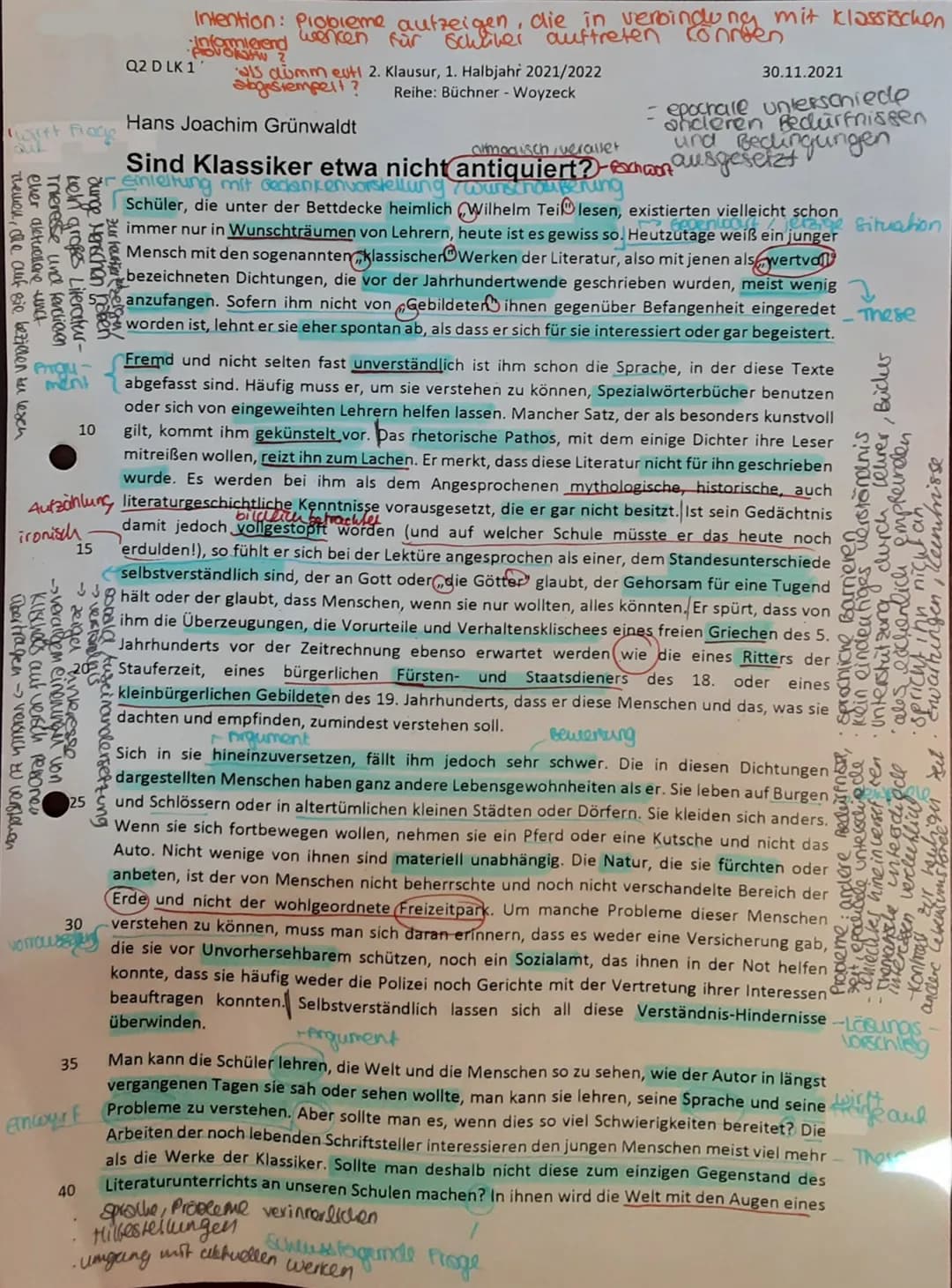 Deutsch LK Klausur nr. 2)
Der vorliegendle sachtext, Sindl Klas -
siker etwa nicht antiquiert?", verfasst
von Hans Joachim Grünwaldt und
ers