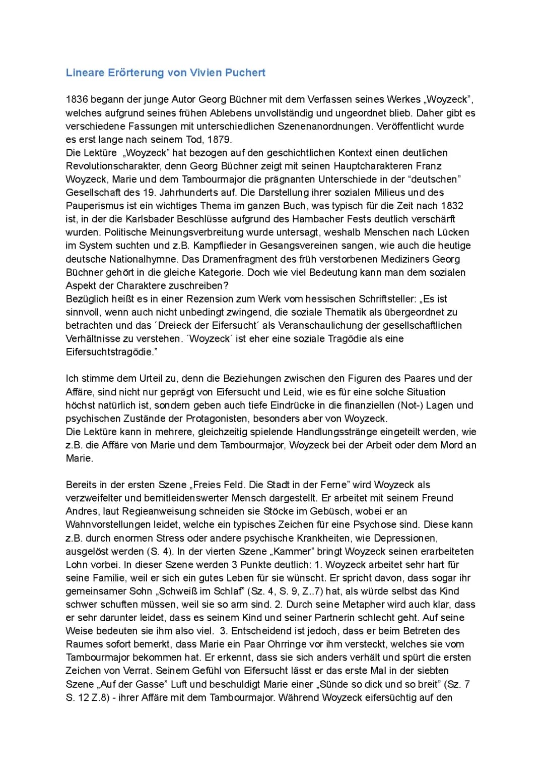 Woyzeck literarische Erörterung für die Klausur: Eifersucht, Figuren, und Aufbau