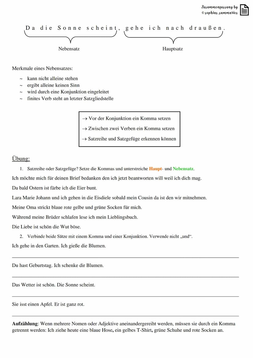 Satzreihe & Satzgefüge
1) Konjunktionen
Konjunktionen (=Bindewörter) gehören zu den nicht flektierbaren Wortarten, d. h. sie können
nicht ve