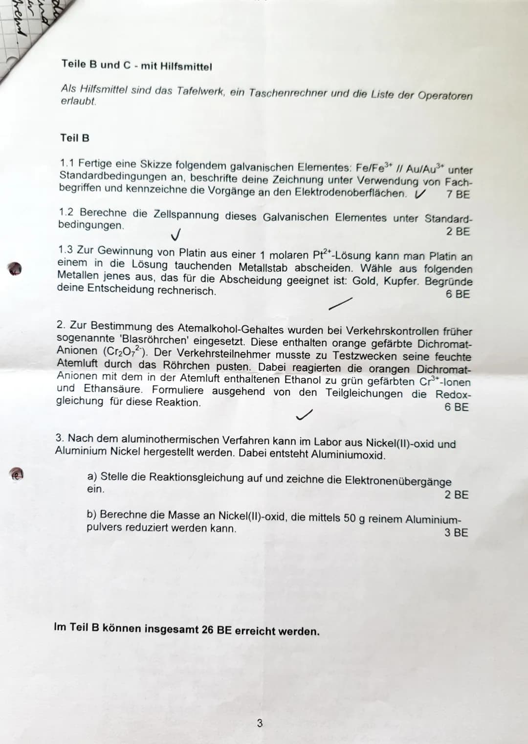 2. Klausur 11/1
90 min (09:55- 11:25)
Amalena
Leistungskurs Chemie
Teil A Hilfsmittelfreier Teil
Die Arbeitszeit für Teil A beträgt maximal 