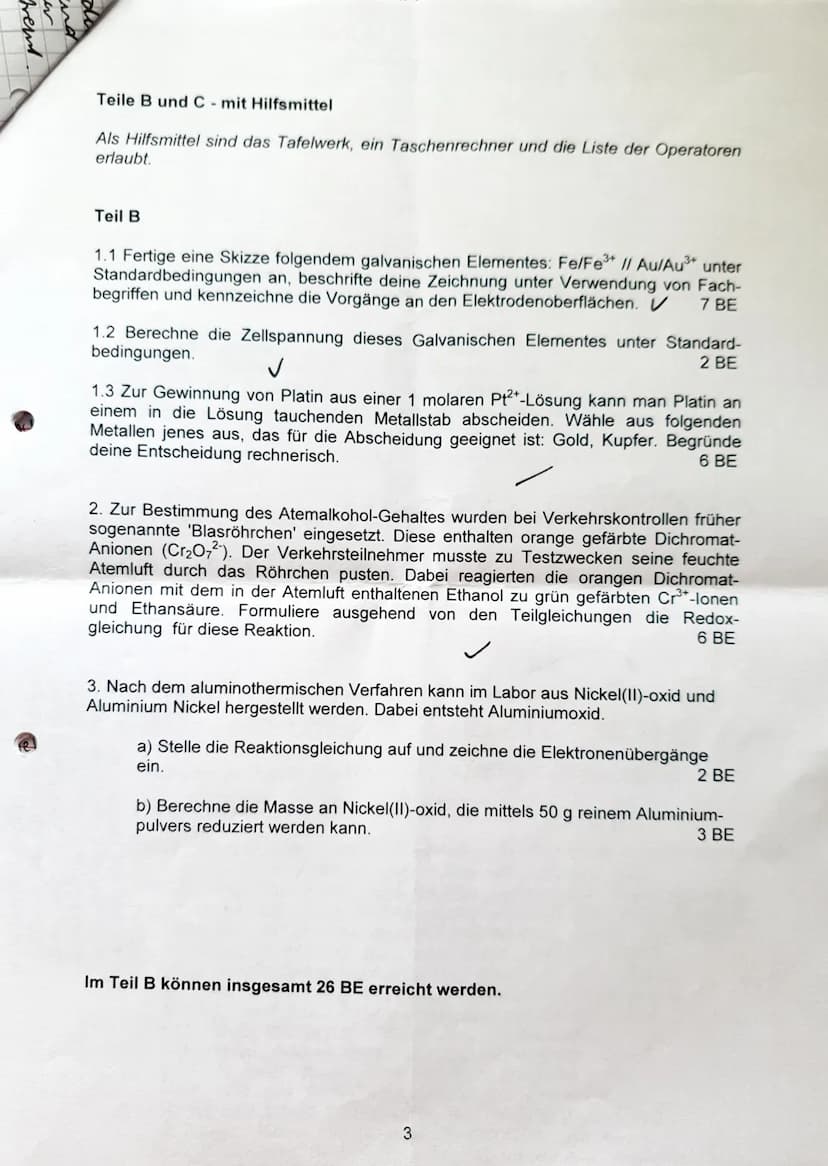 2. Klausur 11/1
90 min (09:55- 11:25)
Amalena
Leistungskurs Chemie
Teil A Hilfsmittelfreier Teil
Die Arbeitszeit für Teil A beträgt maximal 