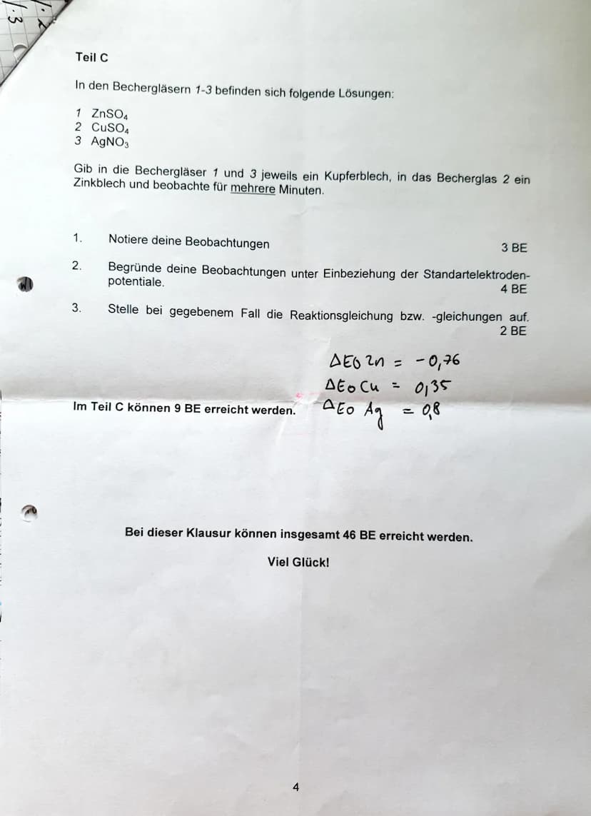 2. Klausur 11/1
90 min (09:55- 11:25)
Amalena
Leistungskurs Chemie
Teil A Hilfsmittelfreier Teil
Die Arbeitszeit für Teil A beträgt maximal 