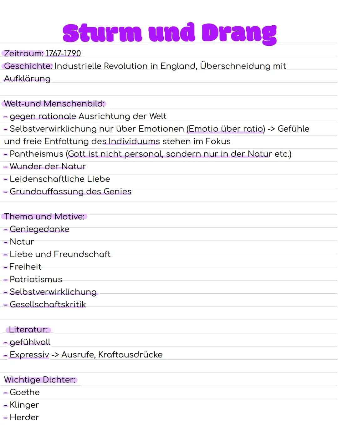 Sturm und Drang
Zeitraum: 1767-1790
Geschichte: Industrielle Revolution in England, Überschneidung mit
Aufklärung
Welt-und Menschenbild:
geg