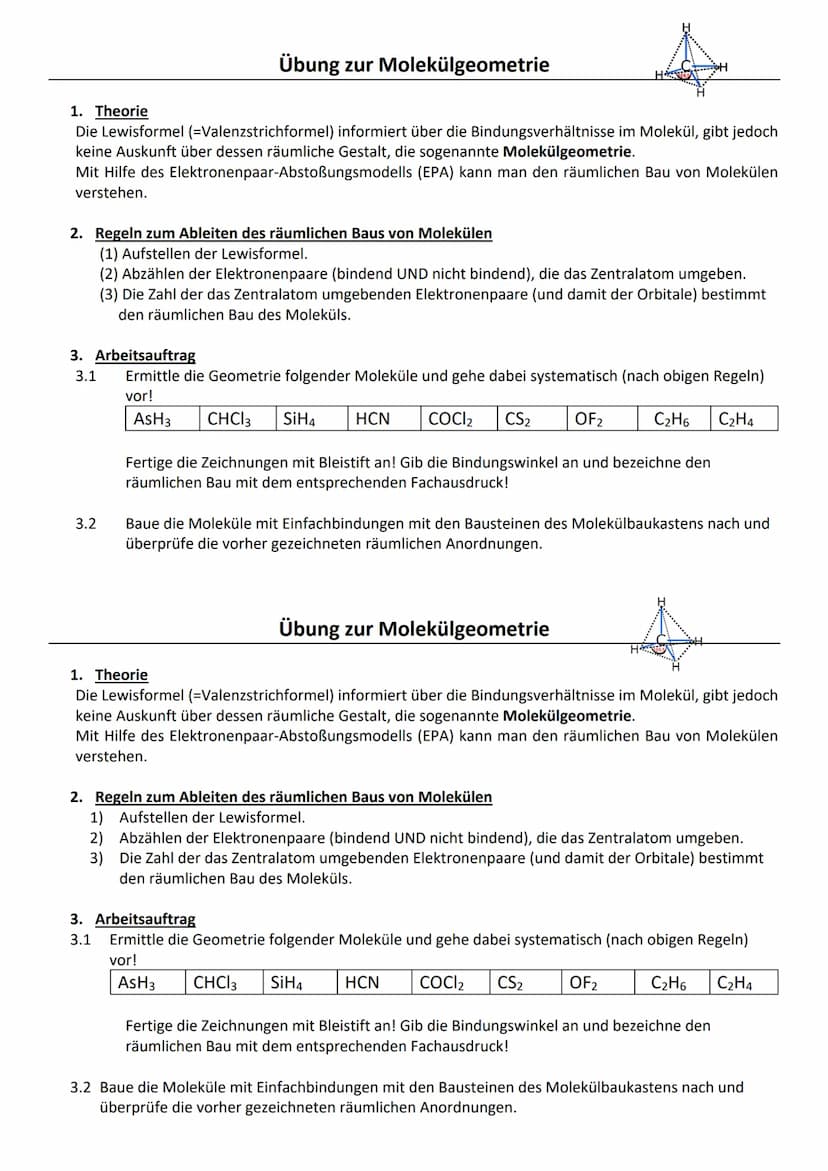 Übung zur Molekülgeometrie
1. Theorie
Die Lewisformel (=Valenzstrichformel) informiert über die Bindungsverhältnisse im Molekül, gibt jedoch