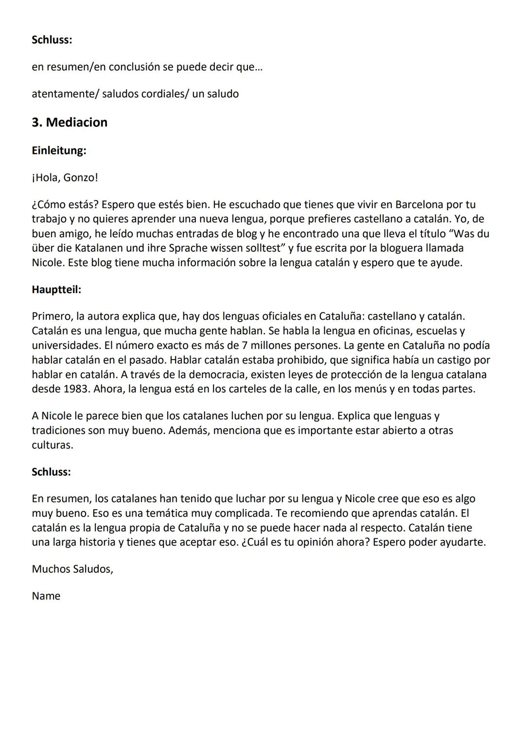 Spanisch - Resumen, Commentario, Mediacion
1.) Resumen
Einleitung: El texto/articulo ,,Text" escrito por un autor desconocido y publicado en