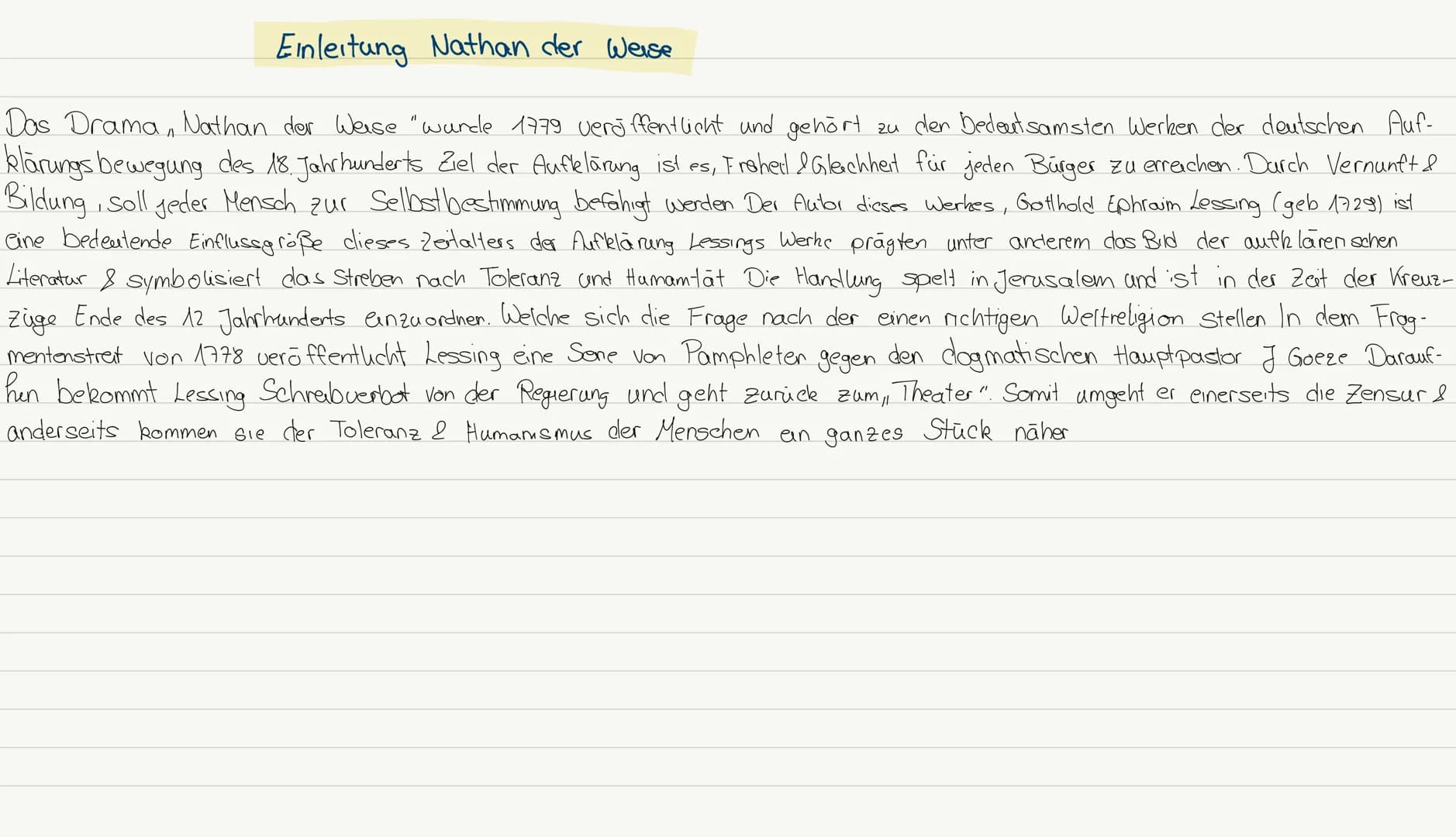 Einleitung Nathan der Weise.
Dos Drama, Nathan der Weise "wurde 1779 veröffentlicht und gehört zu den bedeutsamsten Werken der deutschen Auf