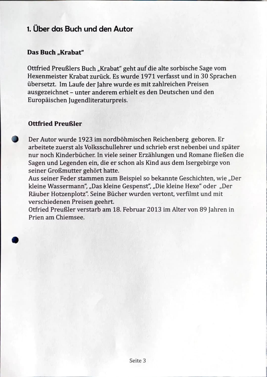 LESETAGEBUCH
VON LARA ENGEWALD
Krabat
Otfried Preußler Inhaltsverzeichnis
1. Über den Autor und das Buch
2. Fragen an den Autor
3. Die Perso