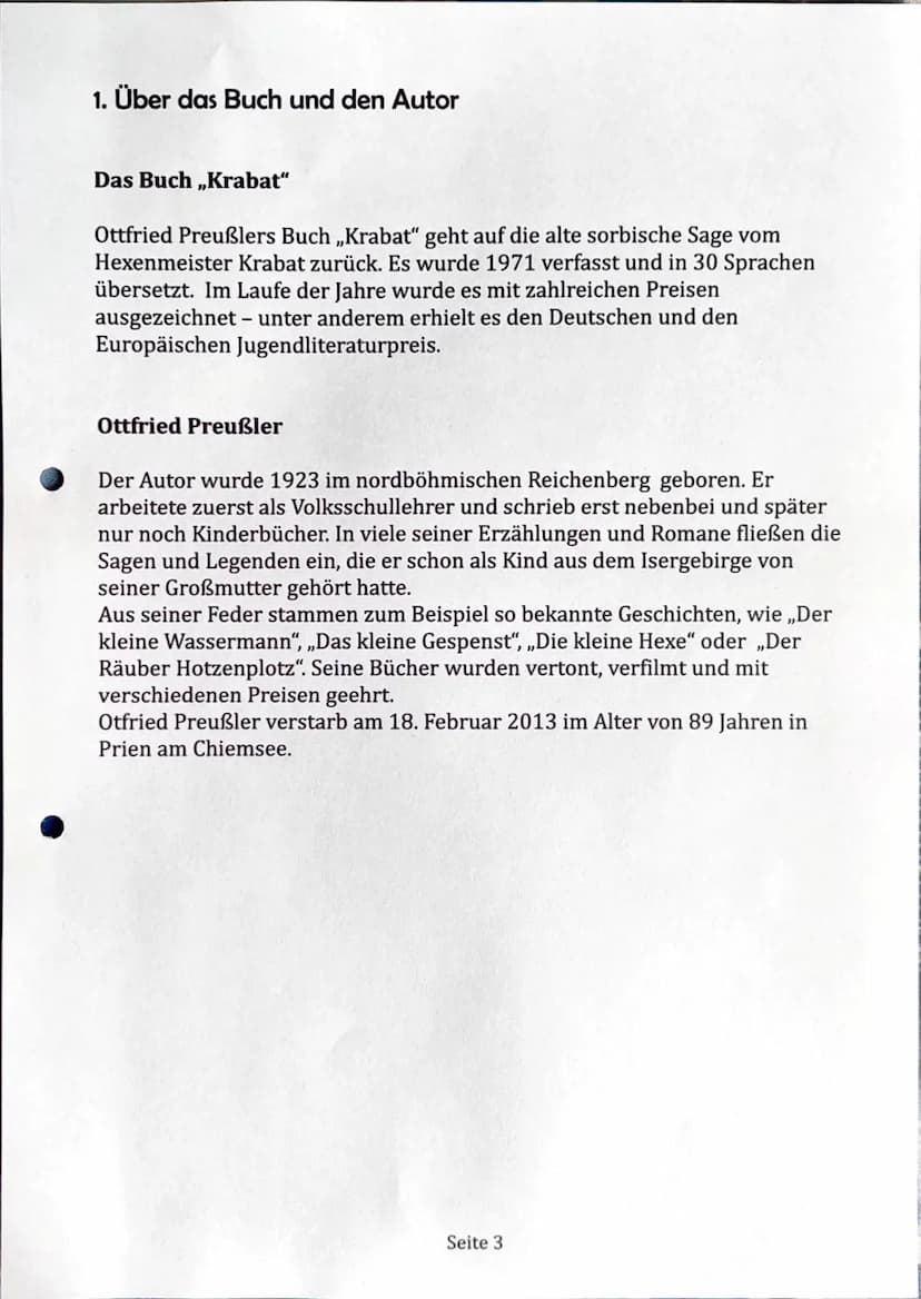 LESETAGEBUCH
VON LARA ENGEWALD
Krabat
Otfried Preußler Inhaltsverzeichnis
1. Über den Autor und das Buch
2. Fragen an den Autor
3. Die Perso