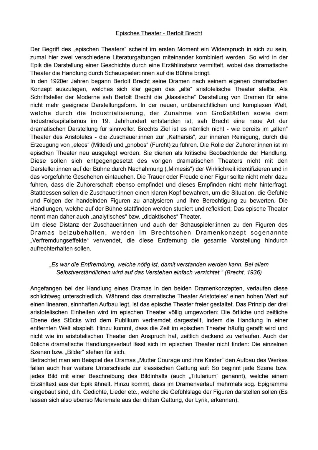 Episches Theater - Bertolt Brecht
Der Begriff des „epischen Theaters" scheint im ersten Moment ein Widerspruch in sich zu sein,
zumal hier z