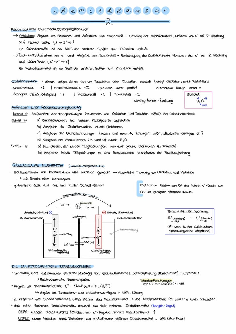 Redoxreaktion: Elektronen übertragungsreaktion
→ Oxidation: Abgabe von Elektronen und Aufnahme von Sauerstoff - Erhöhung der Oxidationszahl,