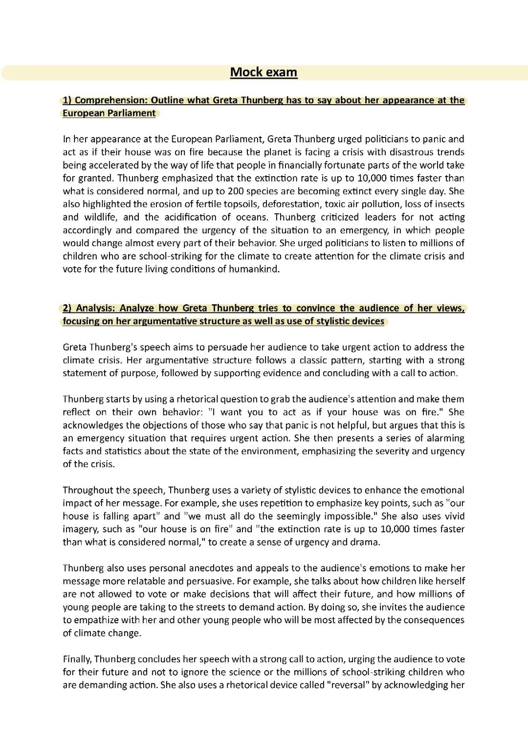 mock exam: speech by greta thunberg at the european parliament 