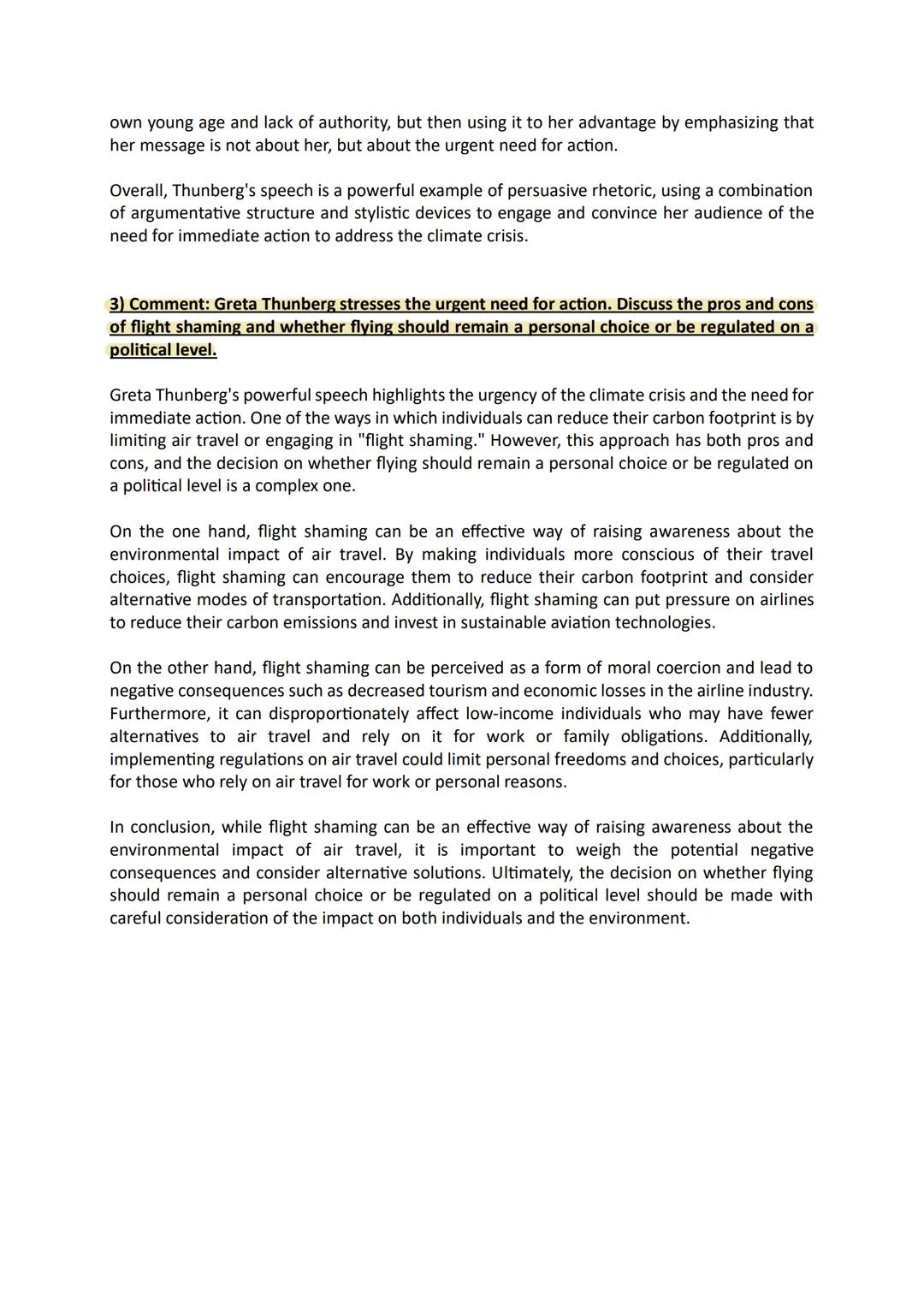 Mock exam
1) Comprehension: Outline what Greta Thunberg has to say about her appearance at the
European Parliament
In her appearance at the 