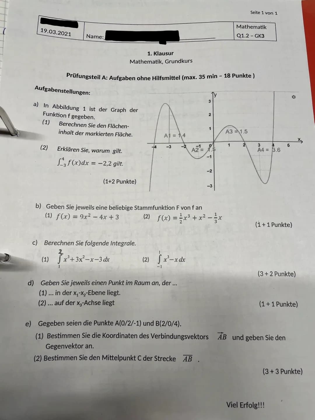 19.03.2021
Name:
(2)
Aufgabenstellungen:
a) In Abbildung 1 ist der Graph der
Funktion f gegeben.
(1)
1. Klausur
Mathematik, Grundkurs
Prüfun