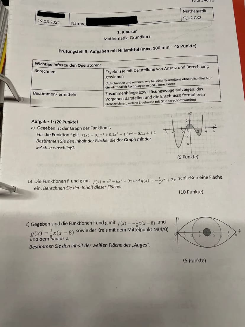 19.03.2021
Name:
(2)
Aufgabenstellungen:
a) In Abbildung 1 ist der Graph der
Funktion f gegeben.
(1)
1. Klausur
Mathematik, Grundkurs
Prüfun