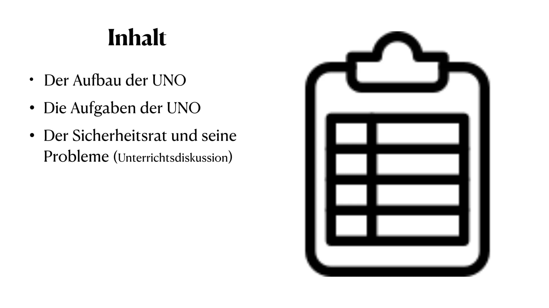  Die UNO
Aufbau, Aufgaben und Probleme der UNO
Lenja, Mia, Pia, Melisa, Sali Was bedeutet eigentlich
UNO? ●
●
●
Inhalt
Der Aufbau der UNO
Di