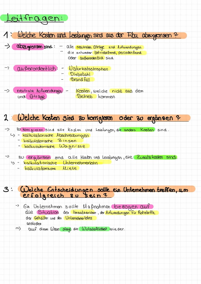 Kosten und Leistungs Rechnung / Kosten und Leistungs Rechnung / Leitfragen:
1: Welche Kosten und Leistungen sind aus der Fibu absugrensen?
→