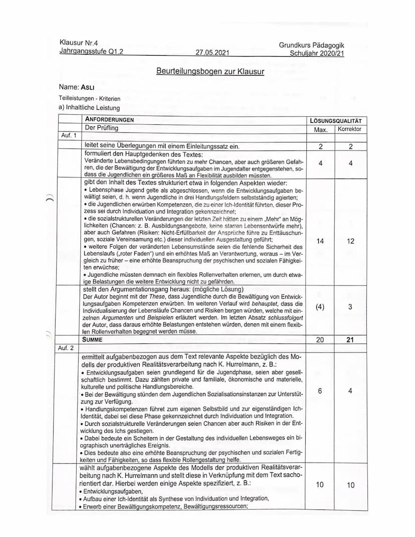 ))
Klausur Nr.4
Jahrgangsstufe Q1.2
Name: ASLI
Teilleistungen - Kriterien
a) Inhaltliche Leistung
Auf. 1
Auf. 2
ANFORDERUNGEN
Der Prüfling
2