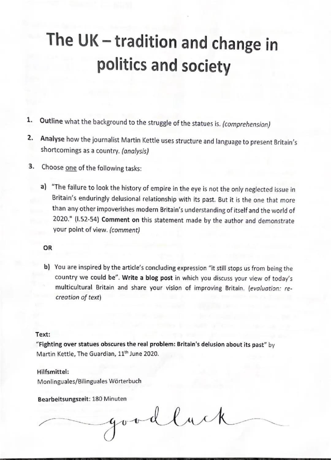 The UK - tradition and change in
politics and society
1. Outline what the background to the struggle of the statues is. (comprehension)
2. A