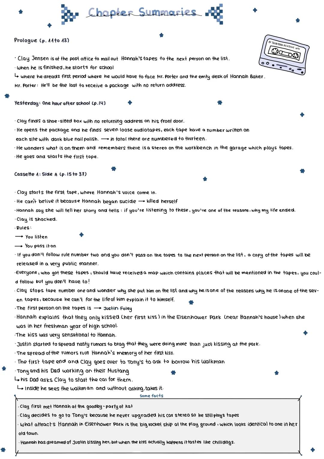 # Jay Asher

# Thirteen Reasons Why Reading Log
#1A
1. Person and place associated to the chapter:
Eisenhower Park
Justin Foley
+ Hannah Bak
