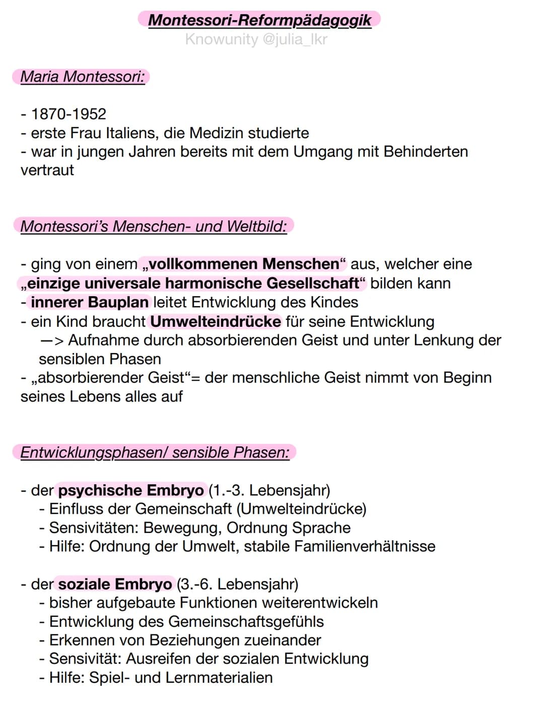 Maria Montessori:
Montessori-Reformpädagogik
Knowunity @julia_lkr
- 1870-1952
- erste Frau Italiens, die Medizin studierte
- war in jungen J