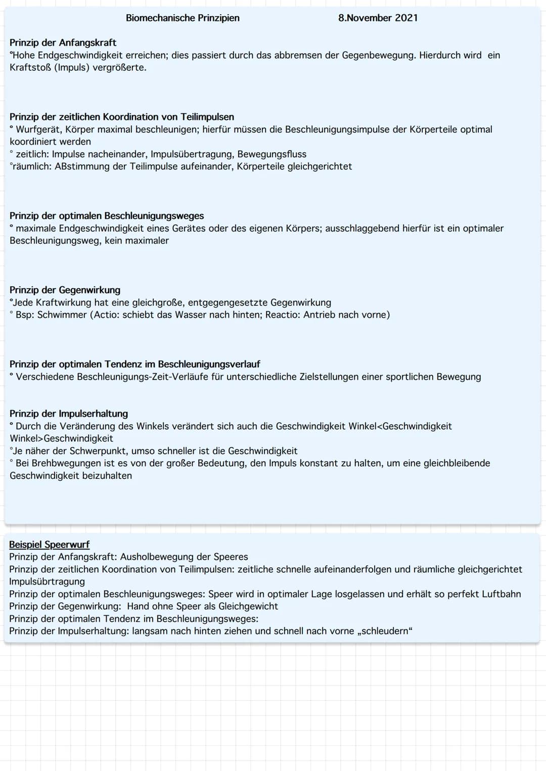 Biomechanische Prinzipien
8.November 2021
Prinzip der Anfangskraft
Hohe Endgeschwindigkeit erreichen; dies passiert durch das abbremsen der 