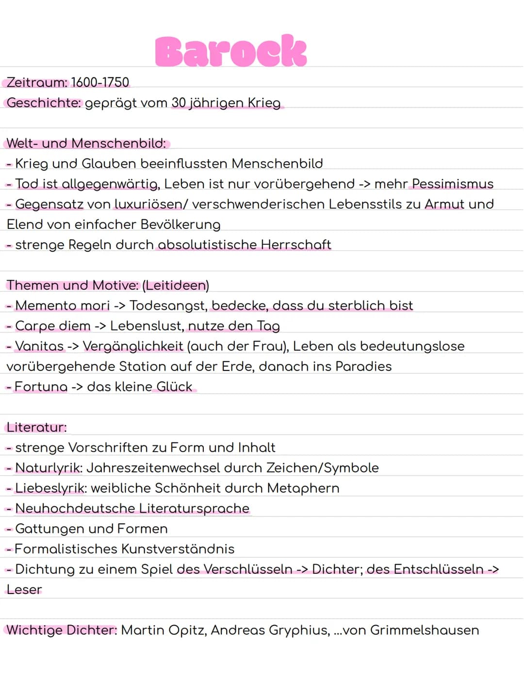Barock
Zeitraum: 1600-1750
Geschichte: geprägt vom 30 jährigen Krieg
Welt- und Menschenbild:
- Krieg und Glauben beeinflussten Menschenbild
