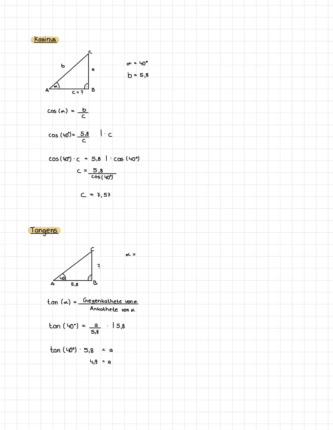 Sinussatz
Sin (a)
bsp.
с
Kosinussatz
bsp.
b
Sin (B)
b
sin (B)
b
b
=
=
C = ?
a
b.sin(8)
sin (B)
a² = b ² + c² - 2bc-cos (*)
b² = a¹ +c².
2 ac