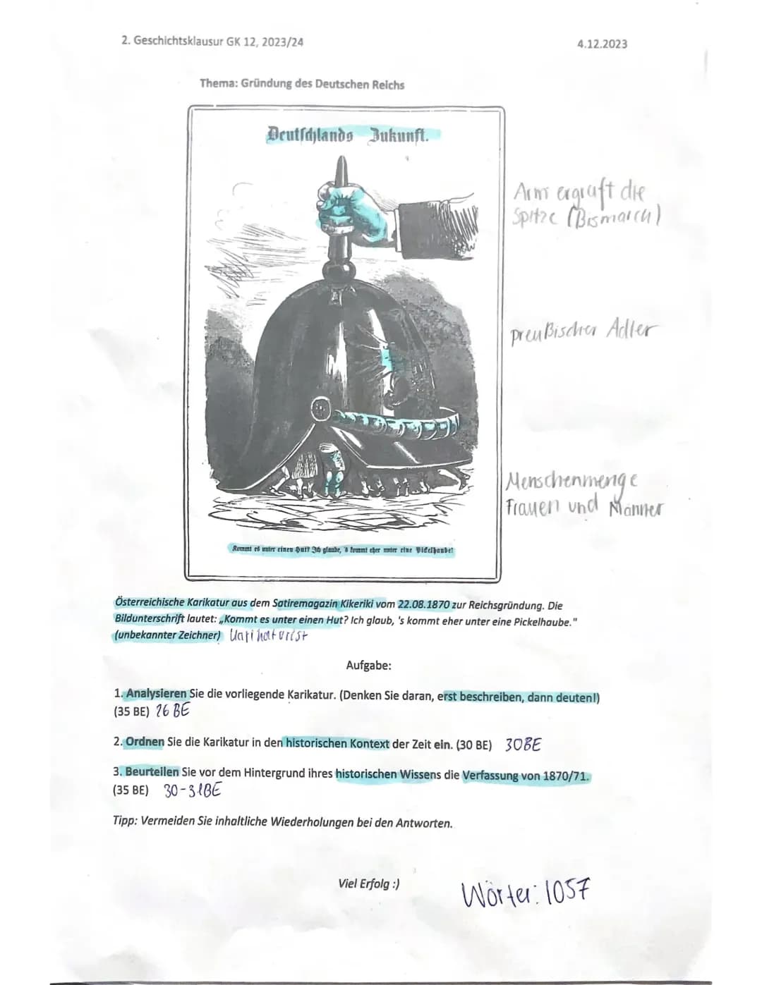 Geschichts GK Klausur Nr. 2 Q1, Karkikatur Analyse zur preußischen Pickelhaub