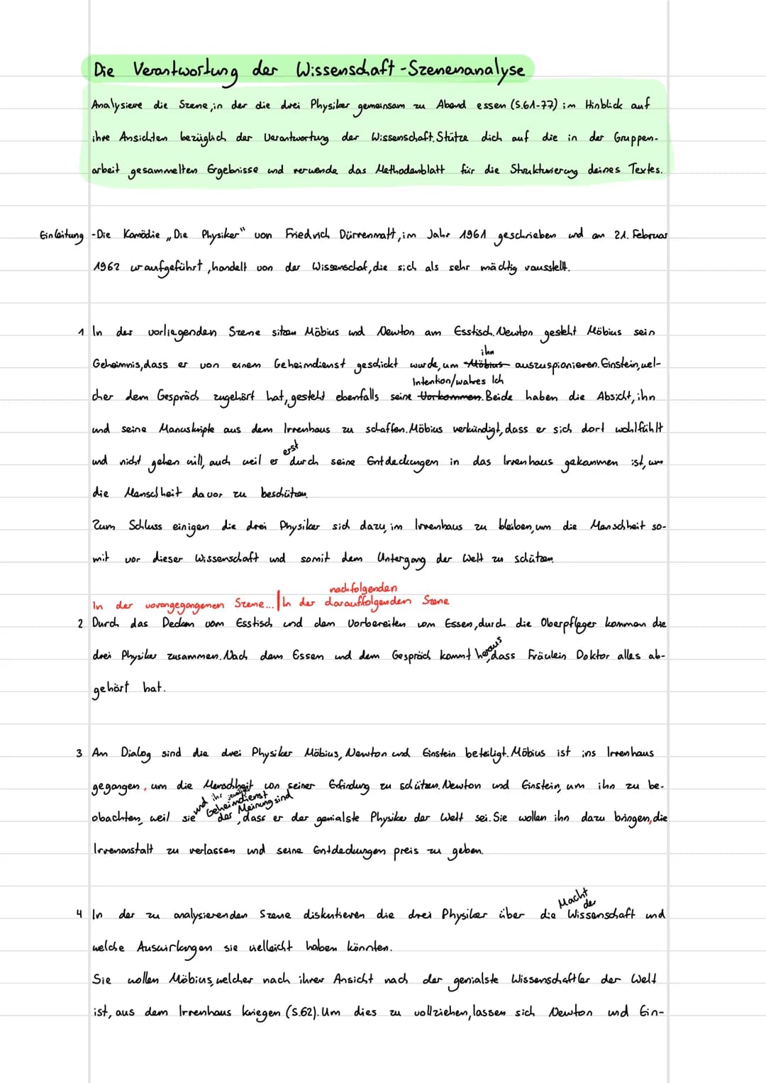 Die Verantwortung der Wissenschaft-Szenenanalyse
Analysieve die Szene, in der die drei Physiker gemeinsam
Abend essen (5.61-77) im Hinblick 
