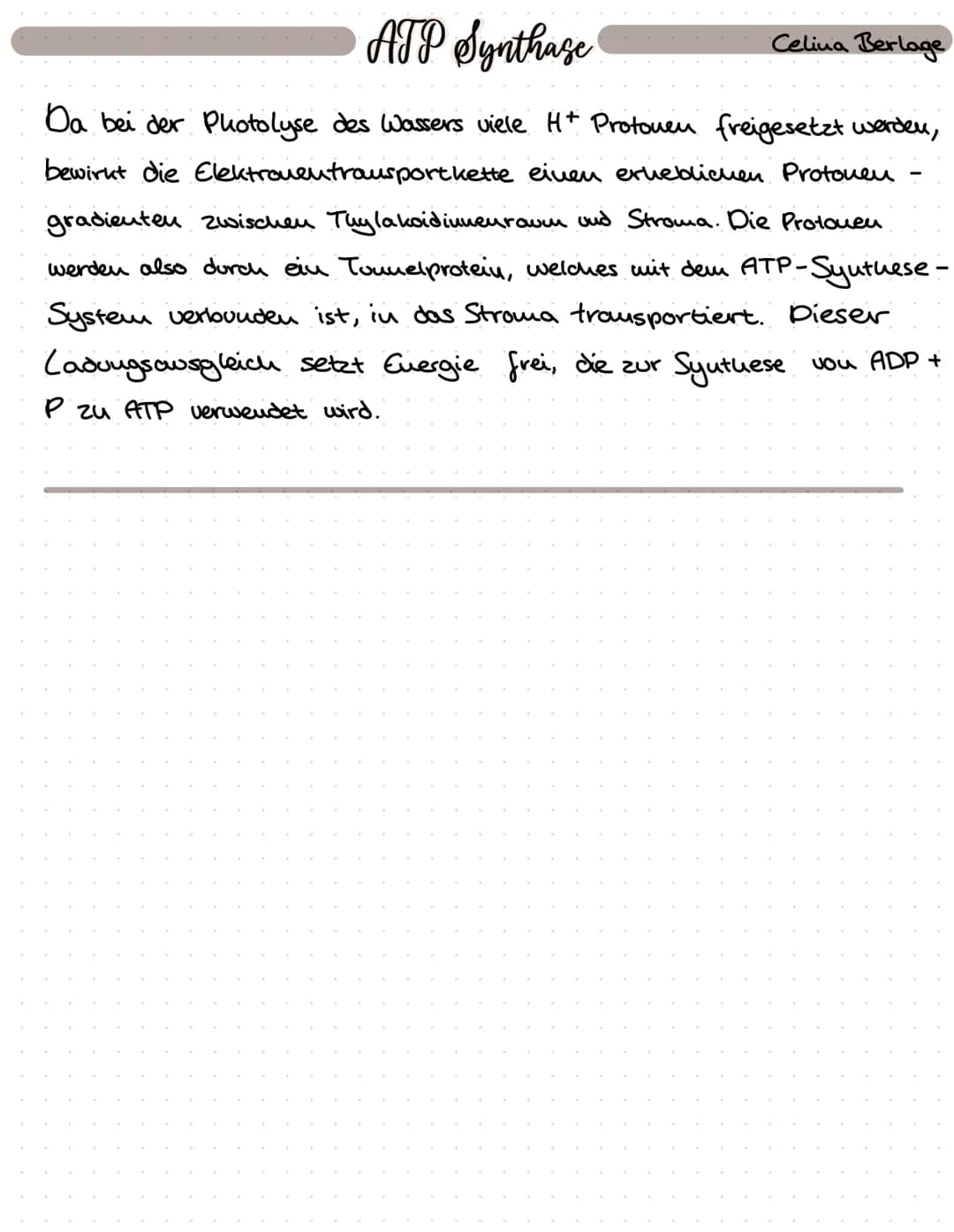B.S. 146-149
A1a)
Der lichtabhängige Elehtronentransport Celina Berlage
ermöglicht die Synthese von ATP
Wasser wird im Thylakoidinnenraum ge