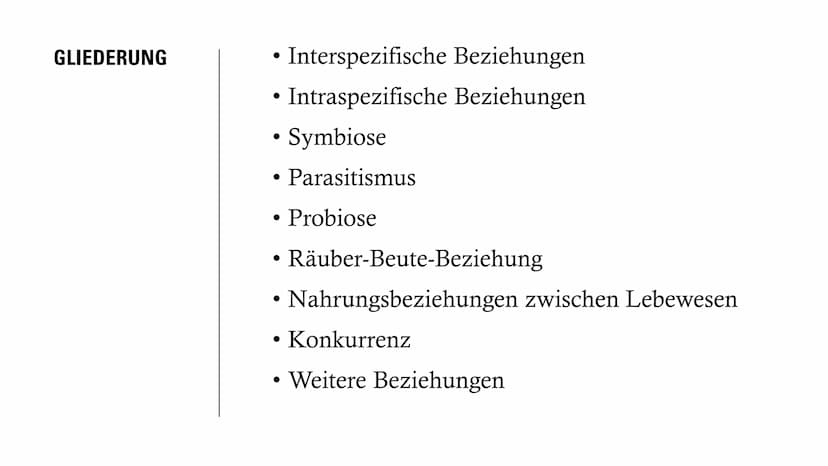DIE
BEZIEHUNGEN
ZWISCHEN
LEBEWESEN GLIEDERUNG
• Interspezifische Beziehungen
Intraspezifische Beziehungen
●
• Symbiose
●
• Parasitismus
Prob