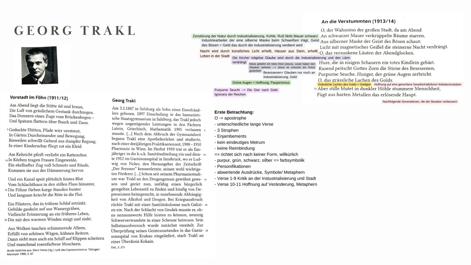GEORG TRAKL

An die Verstummten (1913/14)

O, der Wahnsinn der großen Stadt, da am Abend
Zerstörung der Natur durch Industrialisierung, Kohl