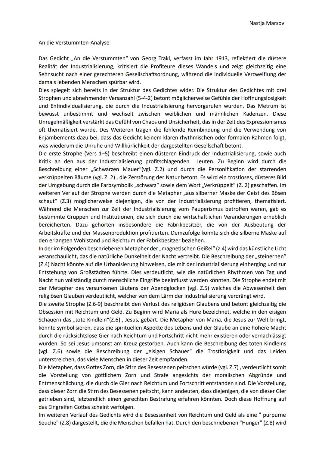 GEORG TRAKL

An die Verstummten (1913/14)

O, der Wahnsinn der großen Stadt, da am Abend
Zerstörung der Natur durch Industrialisierung, Kohl