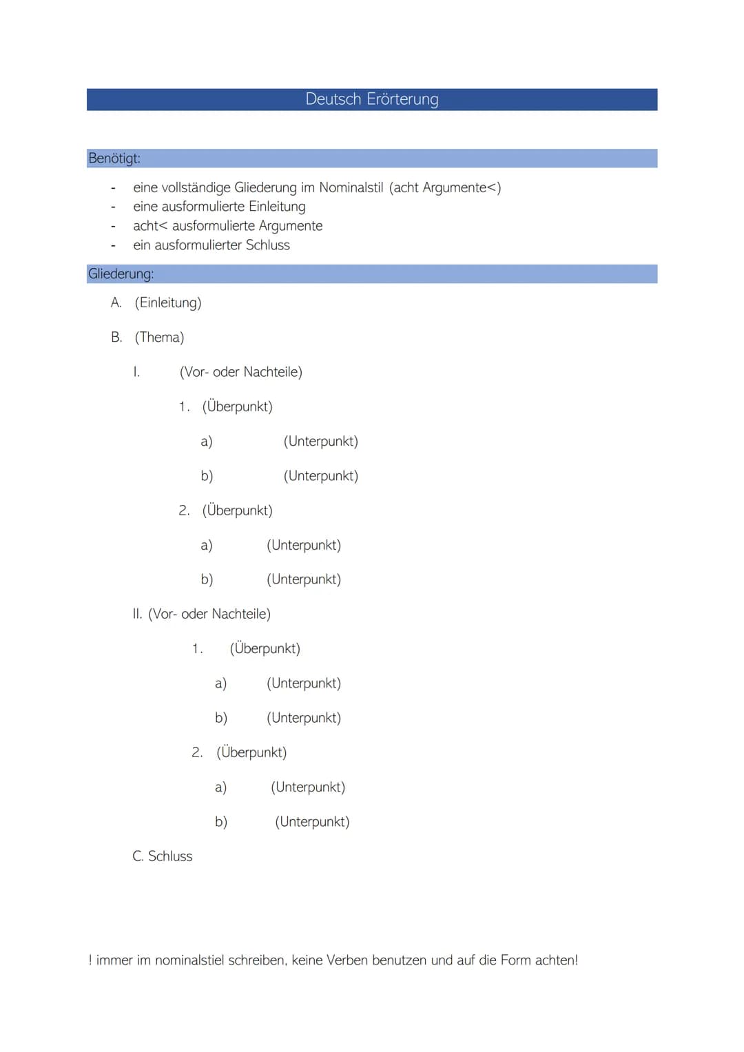 Benötigt:
eine vollständige Gliederung im Nominalstil (acht Argumente<)
eine ausformulierte Einleitung
acht< ausformulierte Argumente
ein au