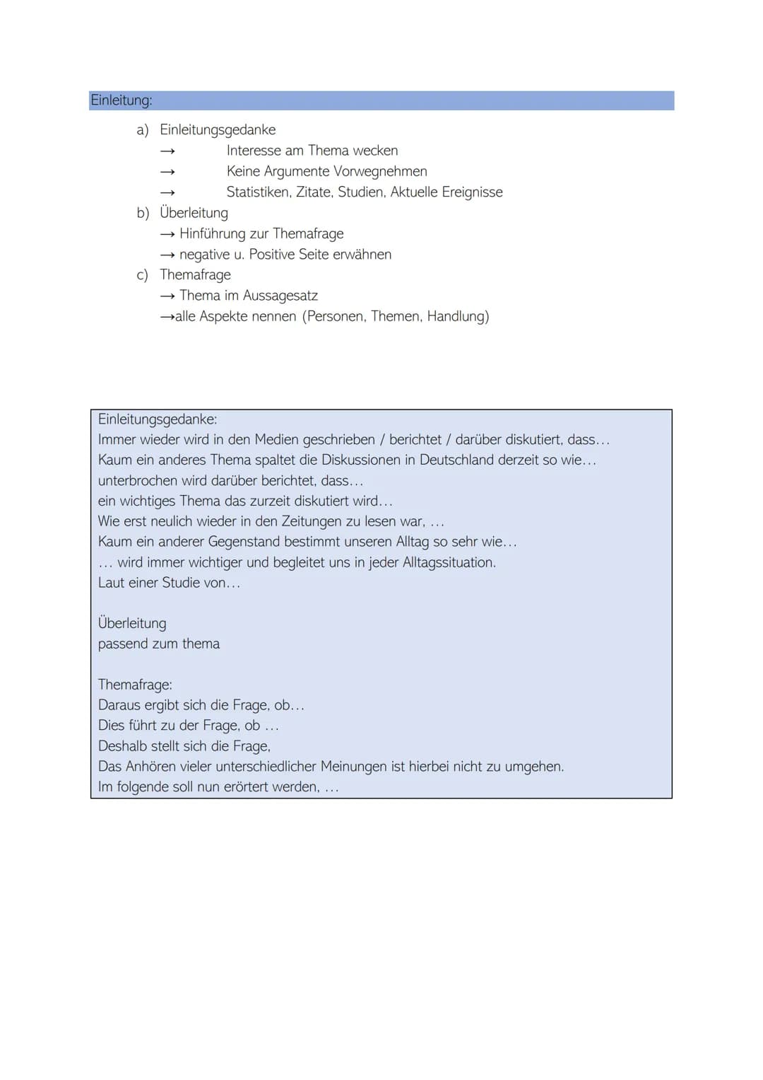 Benötigt:
eine vollständige Gliederung im Nominalstil (acht Argumente<)
eine ausformulierte Einleitung
acht< ausformulierte Argumente
ein au