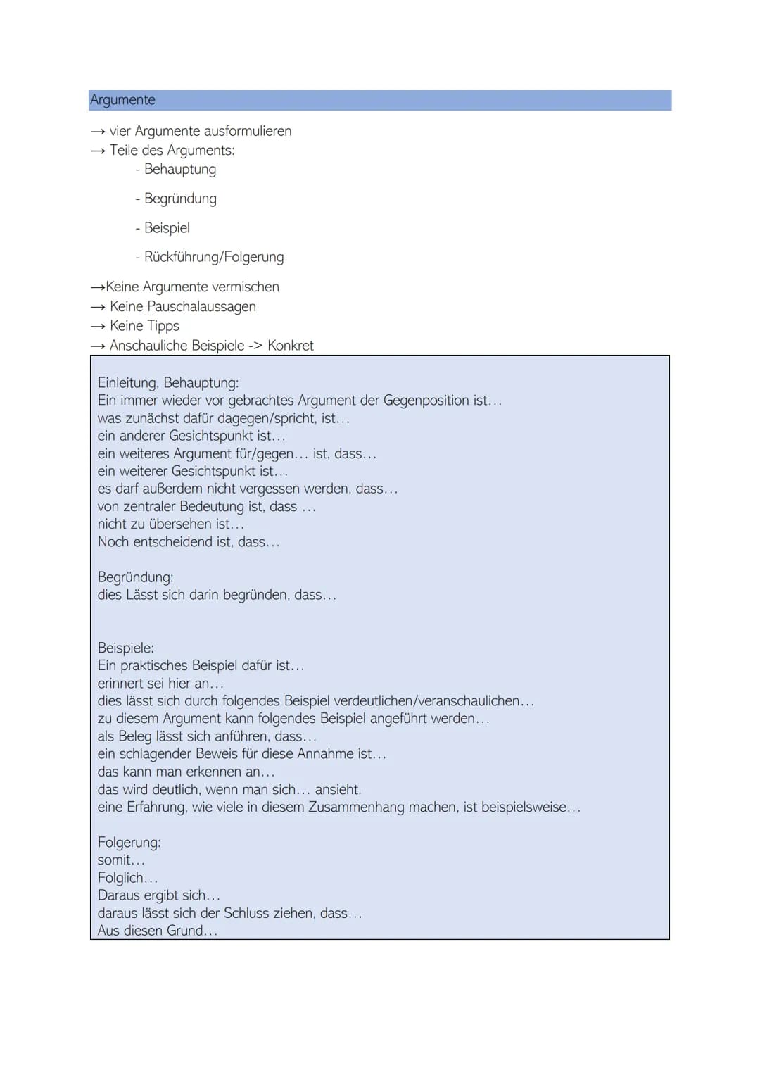 Benötigt:
eine vollständige Gliederung im Nominalstil (acht Argumente<)
eine ausformulierte Einleitung
acht< ausformulierte Argumente
ein au