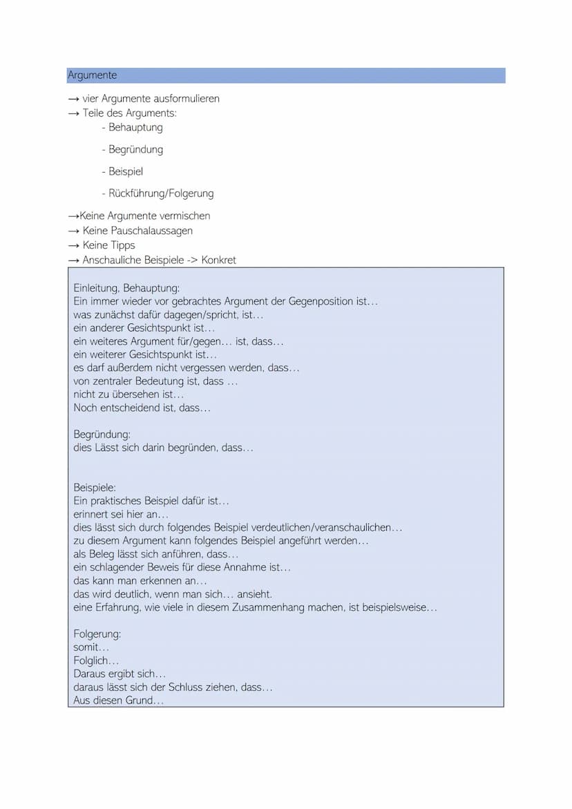 Benötigt:
eine vollständige Gliederung im Nominalstil (acht Argumente<)
eine ausformulierte Einleitung
acht< ausformulierte Argumente
ein au