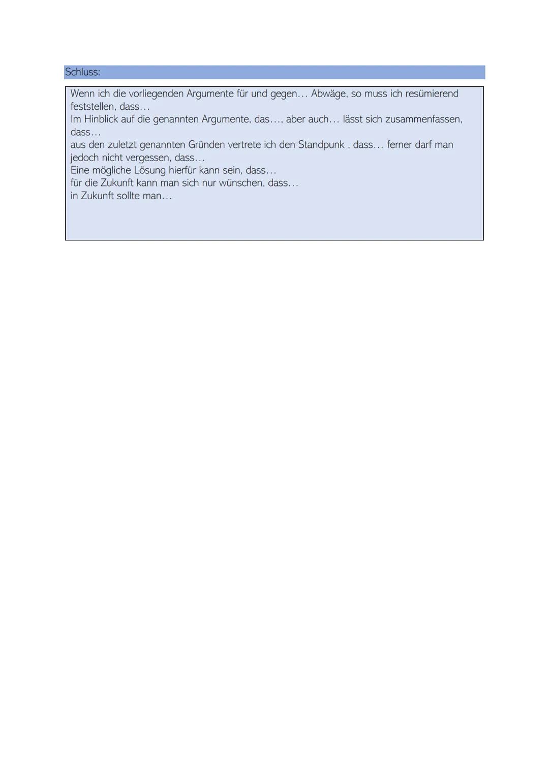 Benötigt:
eine vollständige Gliederung im Nominalstil (acht Argumente<)
eine ausformulierte Einleitung
acht< ausformulierte Argumente
ein au