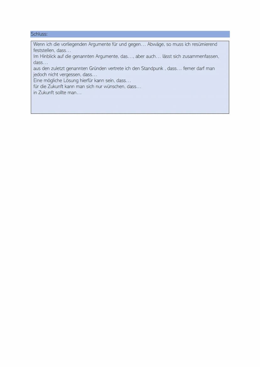 Benötigt:
eine vollständige Gliederung im Nominalstil (acht Argumente<)
eine ausformulierte Einleitung
acht< ausformulierte Argumente
ein au