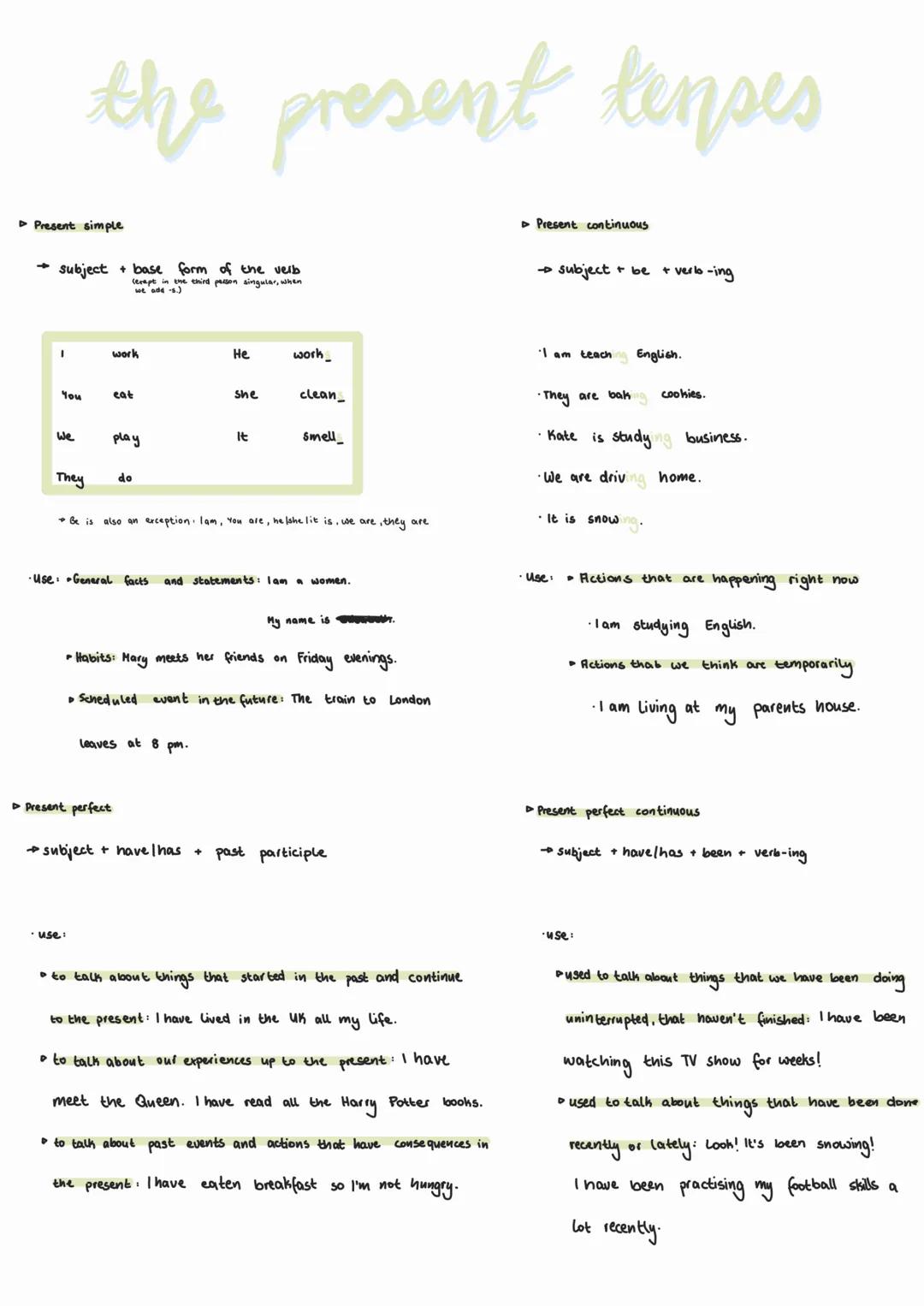 # the present tenses

► Present simple

→ subject+ base form of the verb

(except in the third person singular, when
we add -s)

|        | 