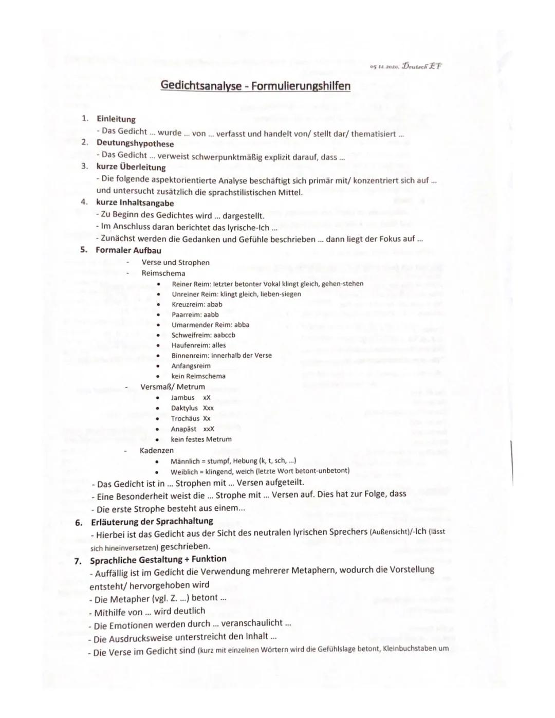 Lyrik Formulierungshilfen/ Gedichtsanalyse