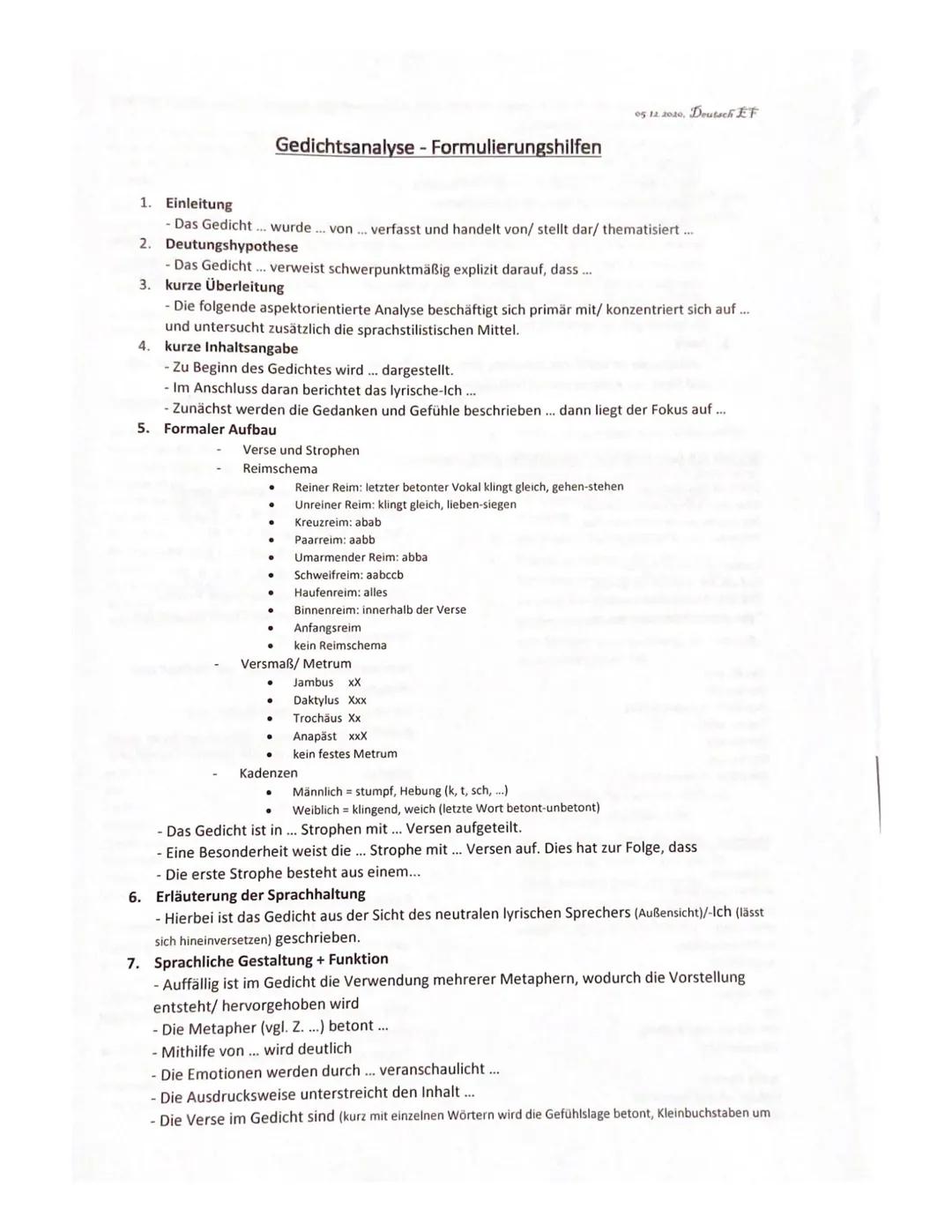 Gedichtsanalyse - Formulierungshilfen
1. Einleitung
- Das Gedicht... wurde... von ... verfasst und handelt von/ stellt dar/ thematisiert...
